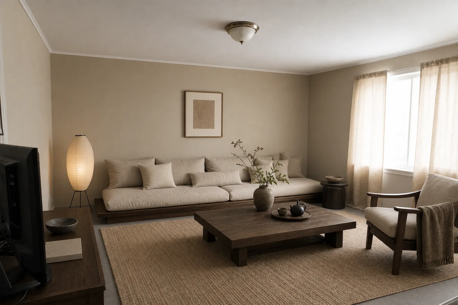 Living room redesigned in Japandi